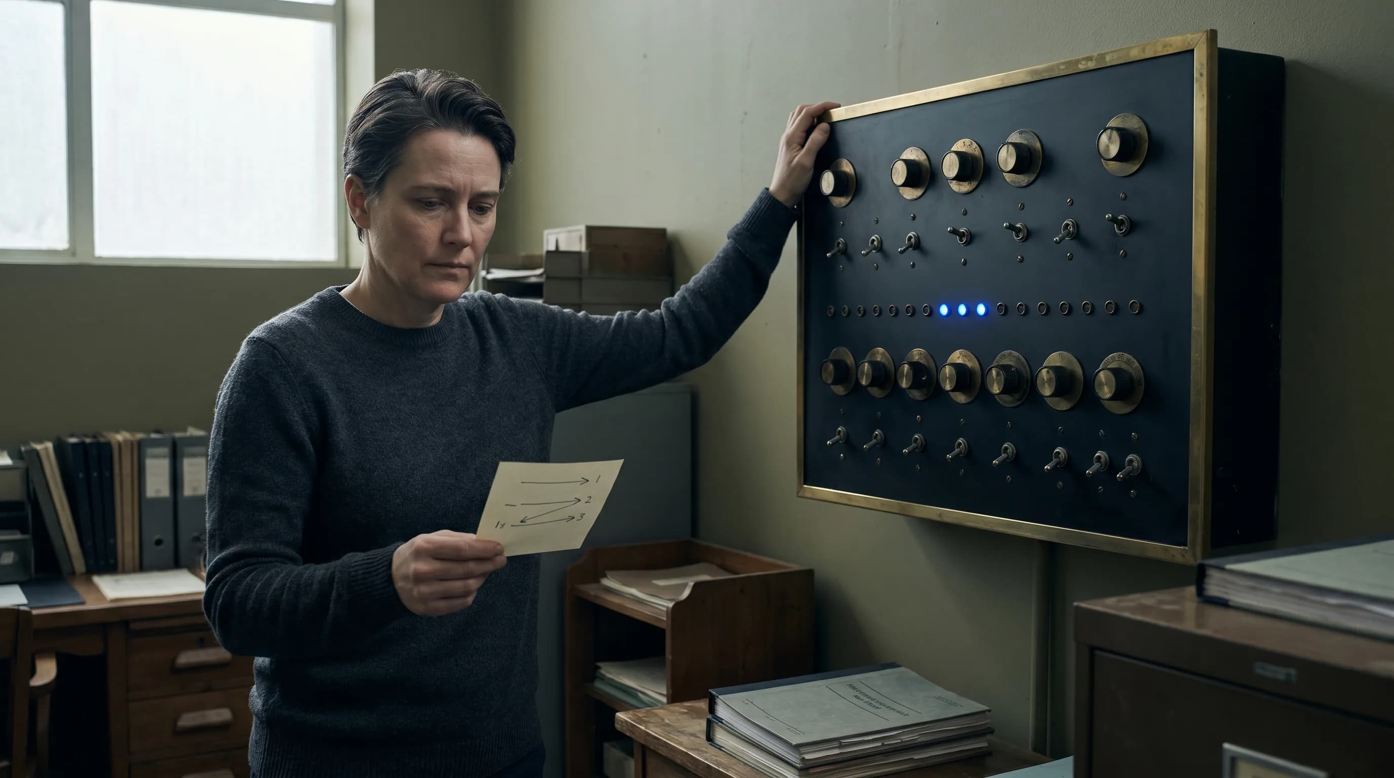 Software architect beside an analog control board with electric-blue indicators glowing in sequence.