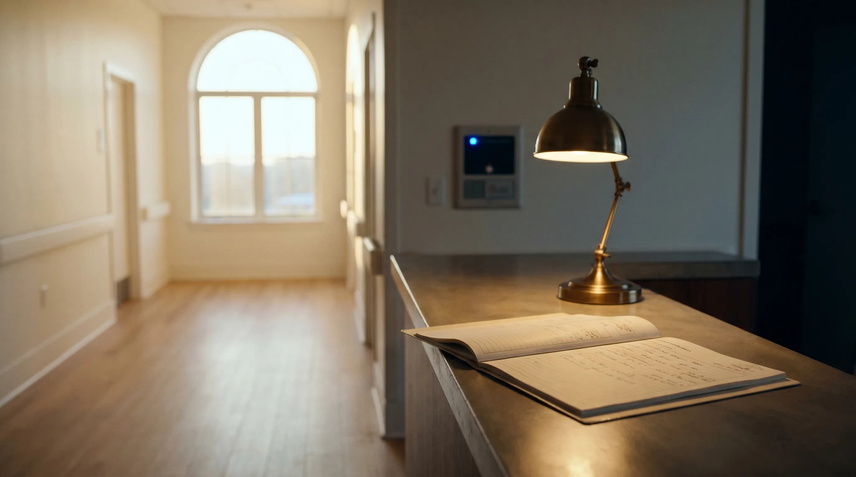 Quiet hospital nurses' station at golden hour with a single cream paper chart and a brass desk lamp.