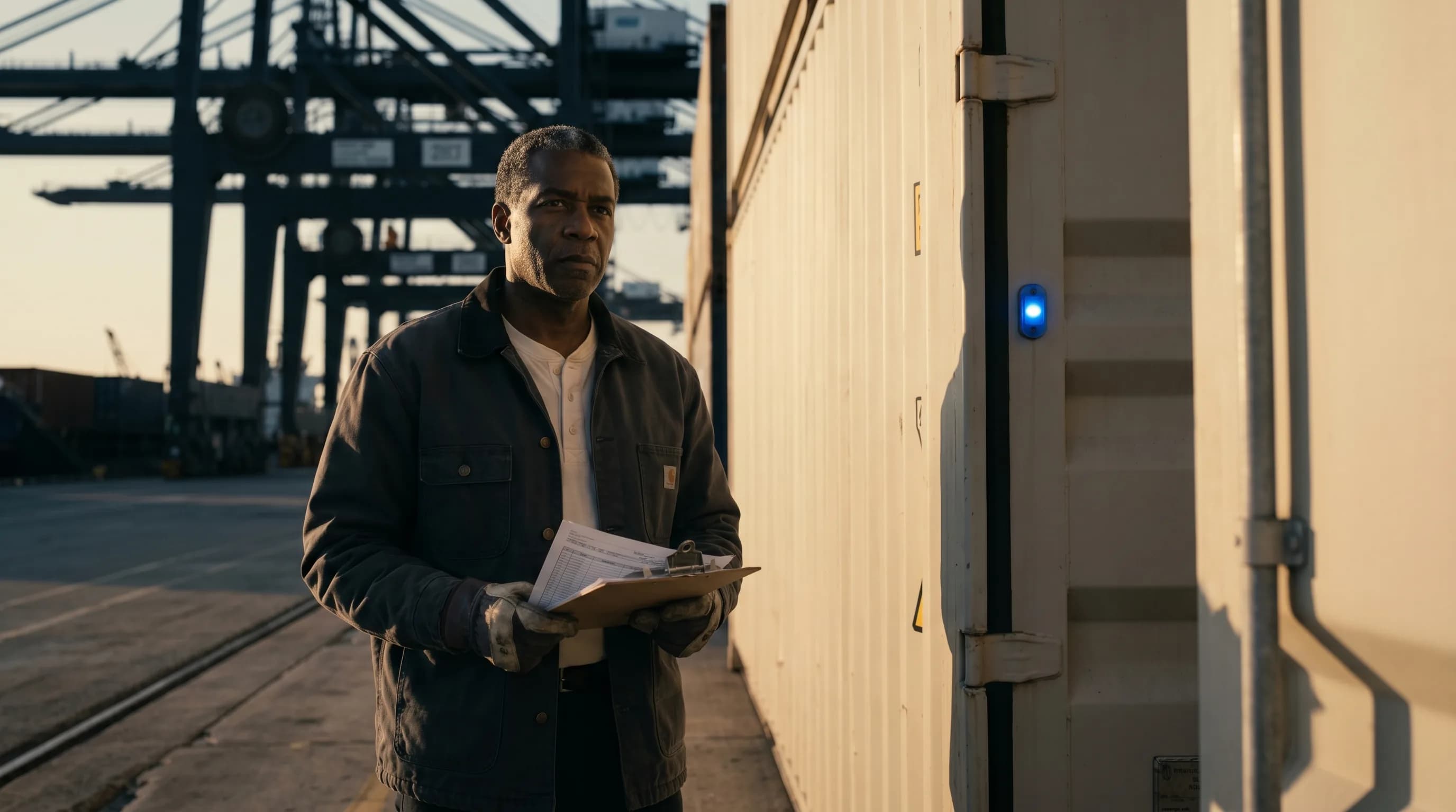 Port logistics chief inspecting a paper manifest beside a cream shipping container at golden hour.