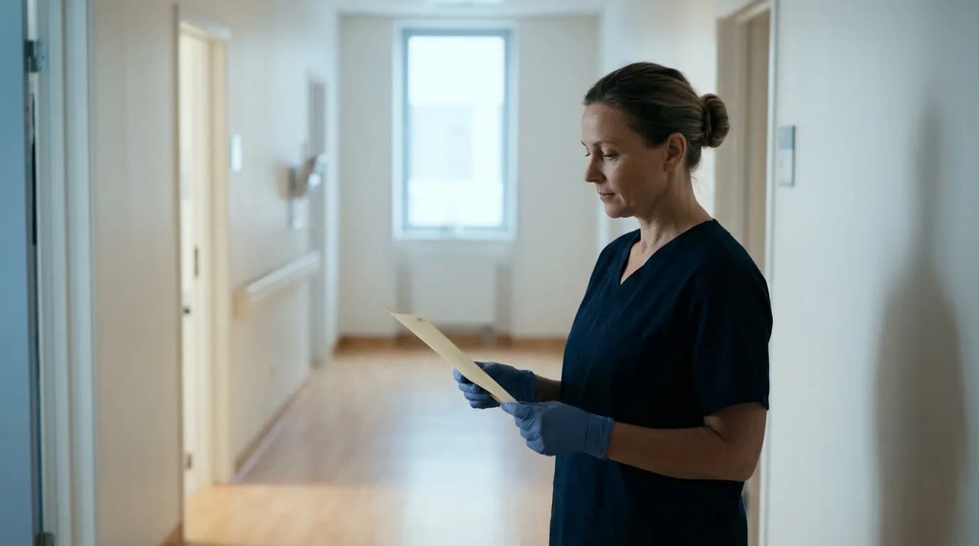 Senior nurse-manager reviewing a paper chart in a quiet hospital corridor.