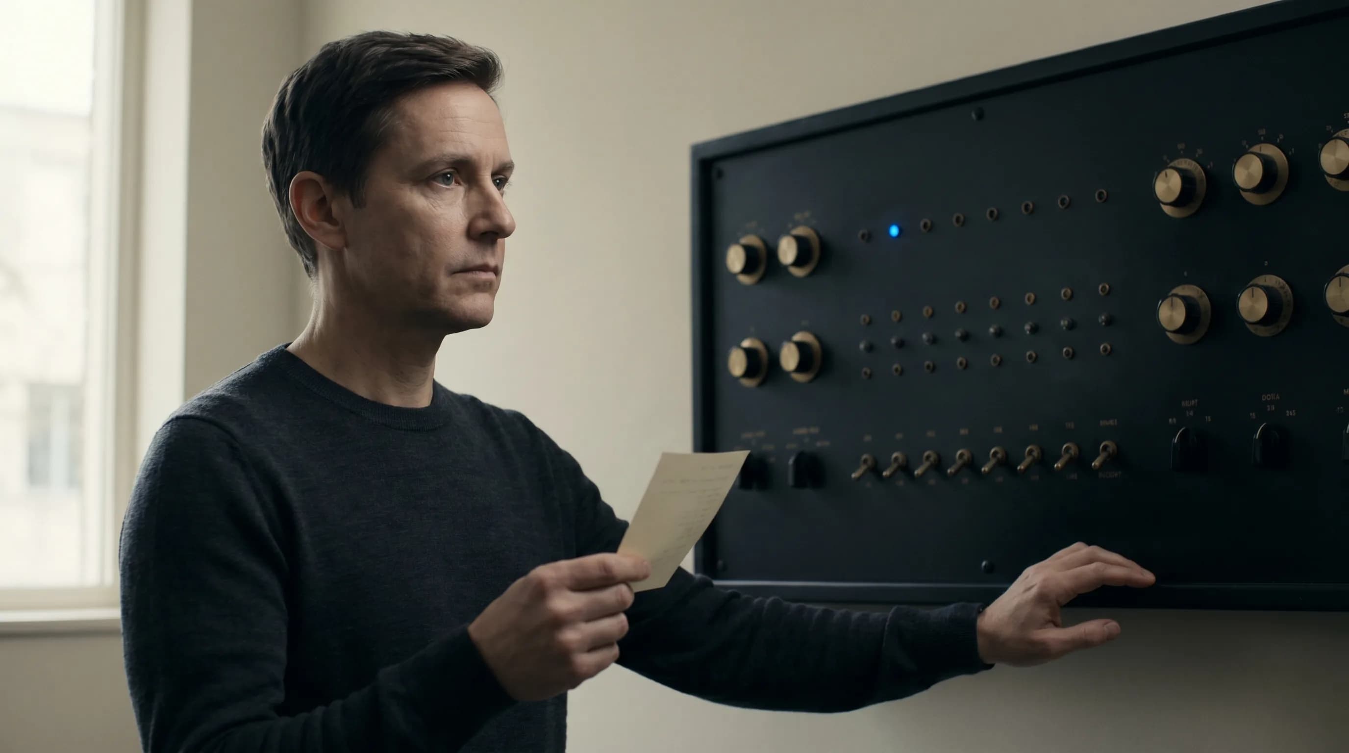 Engineer reviewing an AI agent workflow beside an analog control board.