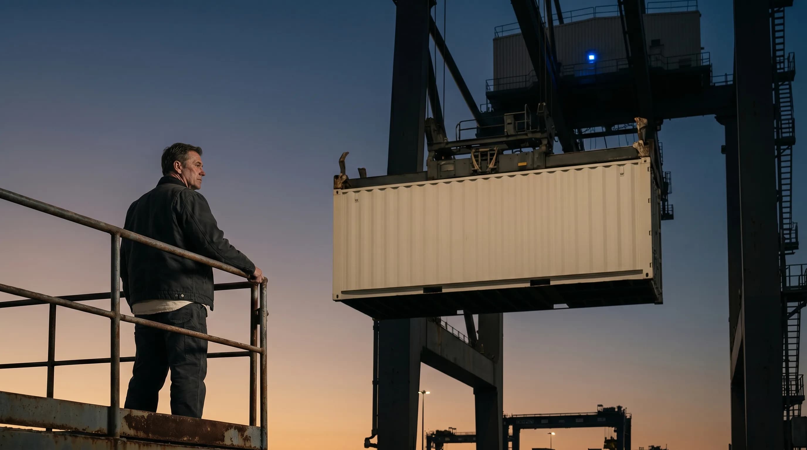 Port logistics chief watching a cream shipping container descend from a crane at last light.