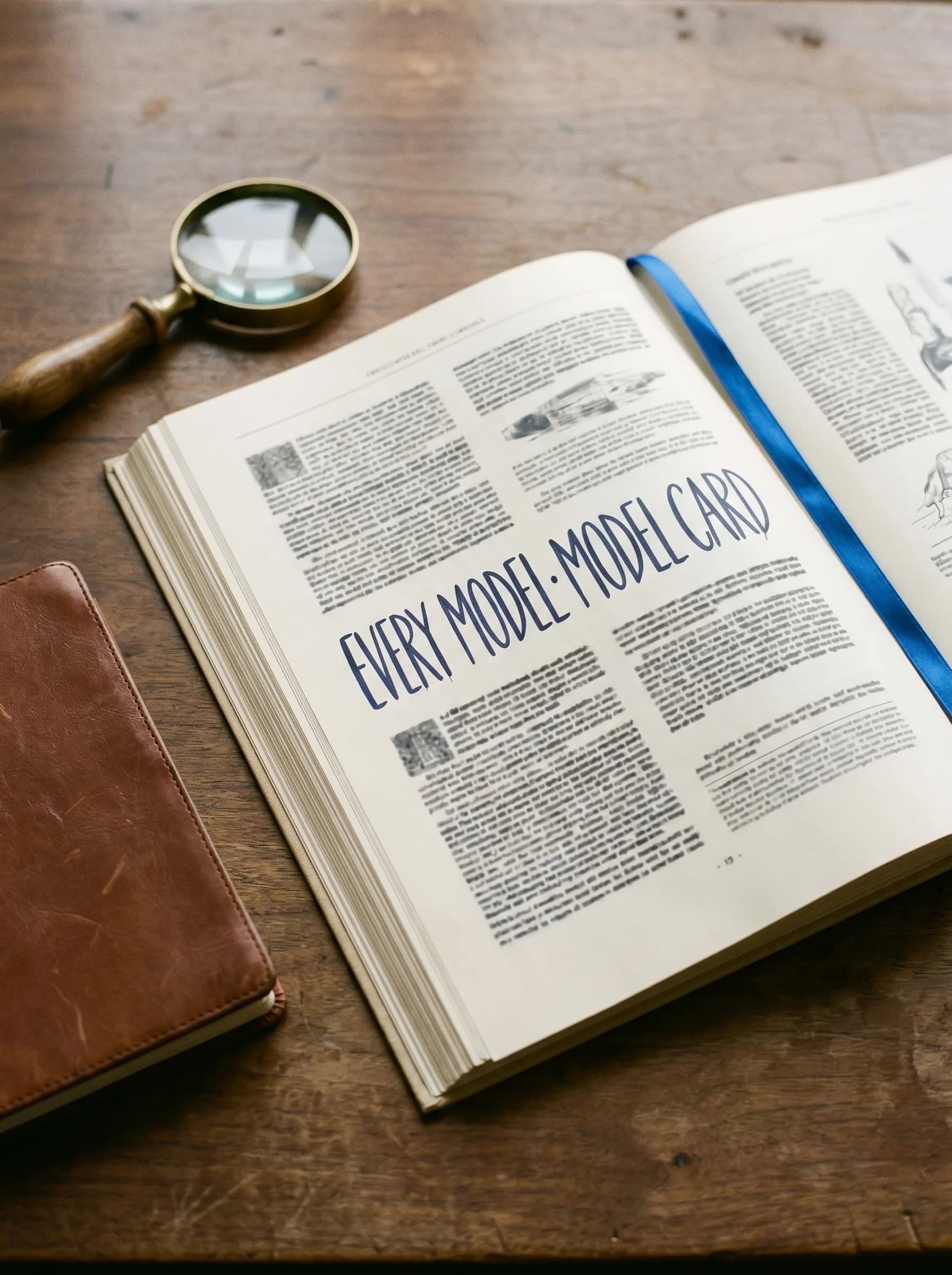 A large open hardcover encyclopedia on a walnut desk, the headline 'EVERY MODEL · MODEL CARD' handwritten across the open spread in blue ink, a brass magnifying glass laid beside it.