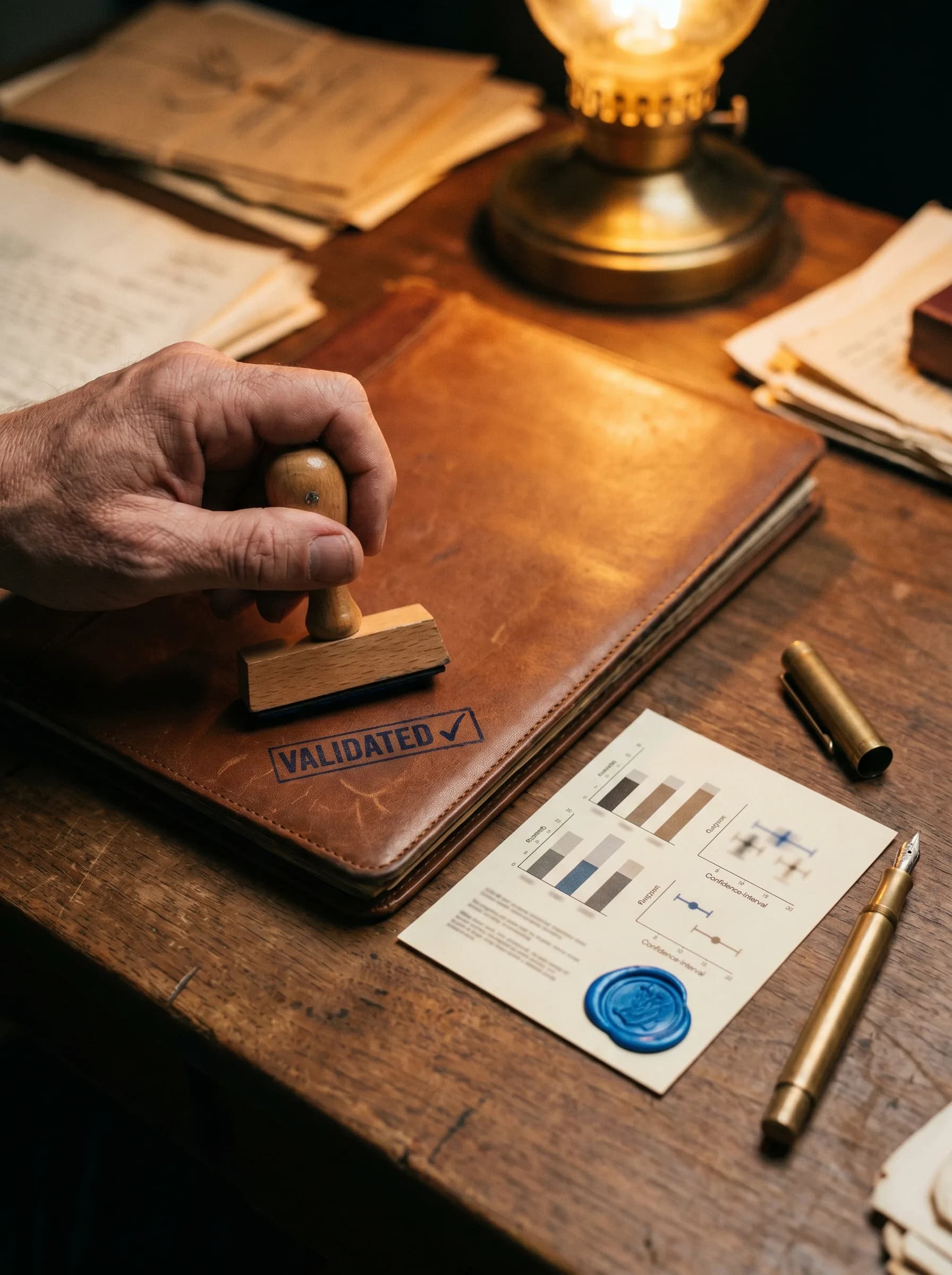 A hand pressing a wooden-handled stamp marked 'VALIDATED ✓' onto a leather portfolio, with a sheet of small calibration charts and a wax-sealed page below.