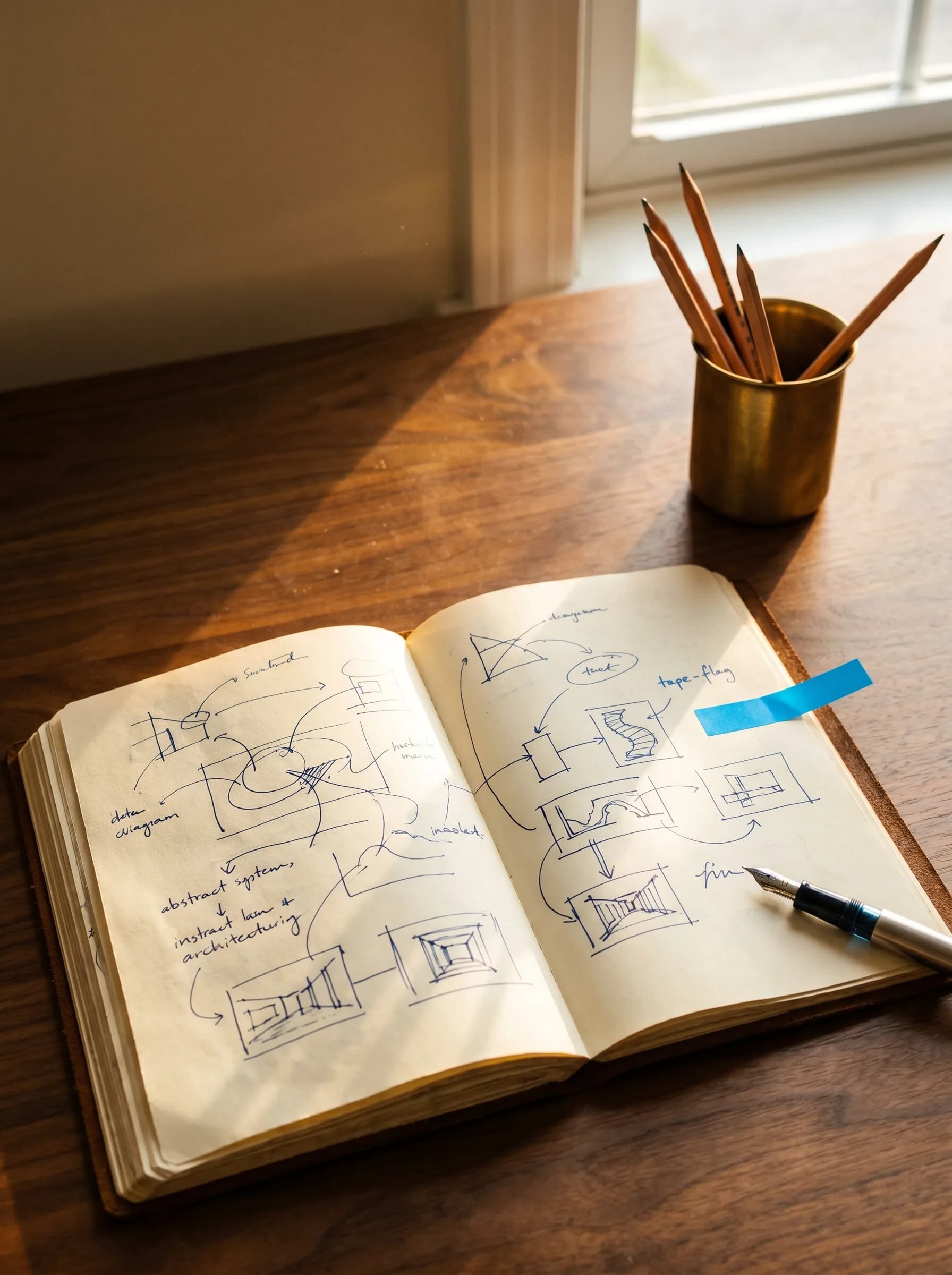 An open notebook on a walnut desk filled with hand-drawn architecture diagrams — boxes, arrows, the words 'abstract systems' and 'instead' visible — beside a brass cup of pencils.