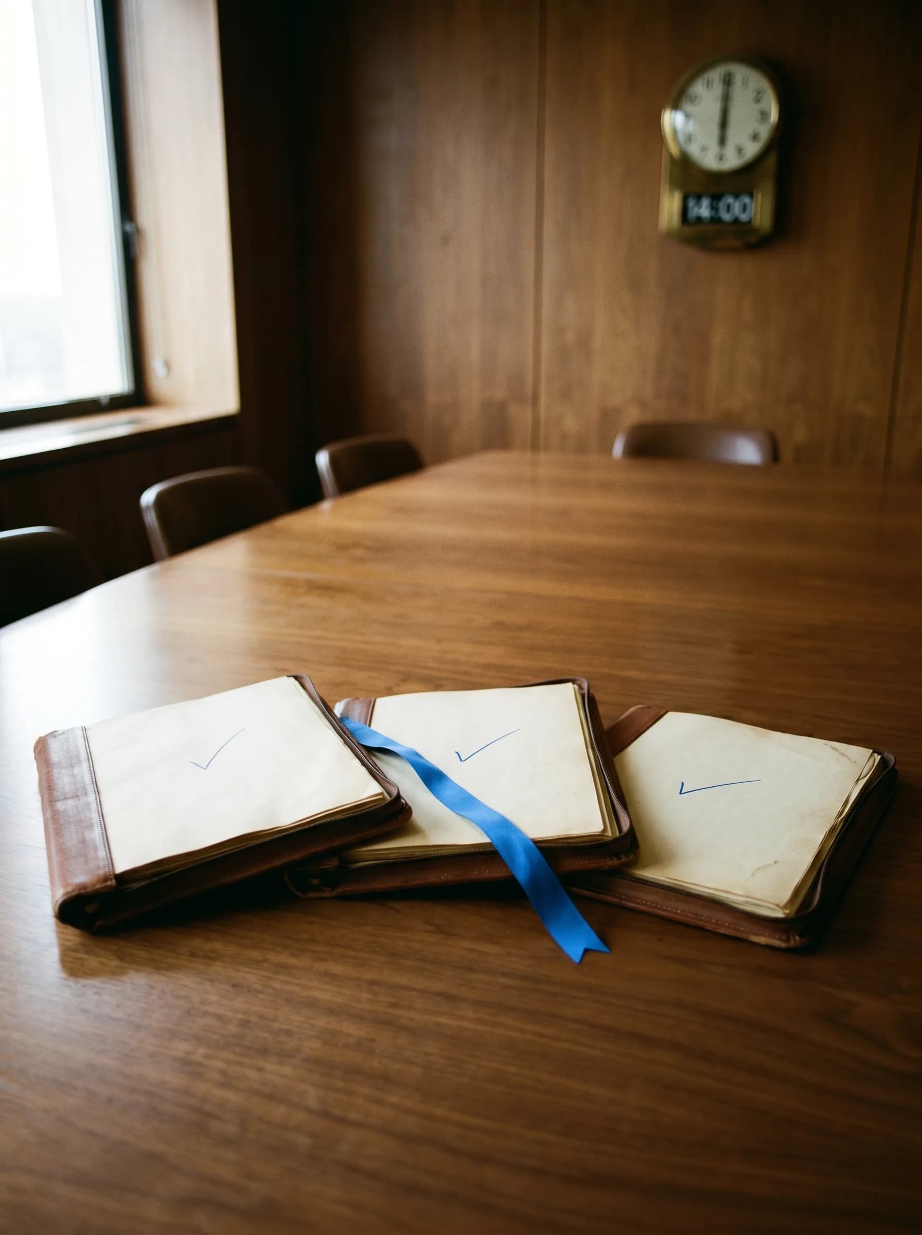 Trois portefeuilles dirigeants en cuir marron posés sur une longue table de conférence en noyer, chacun ouvert sur une seule feuille crème marquée d'une petite coche bleue, un ruban navy traînant sur celui du milieu, une horloge murale en laiton au-dessus affichant 14:00.