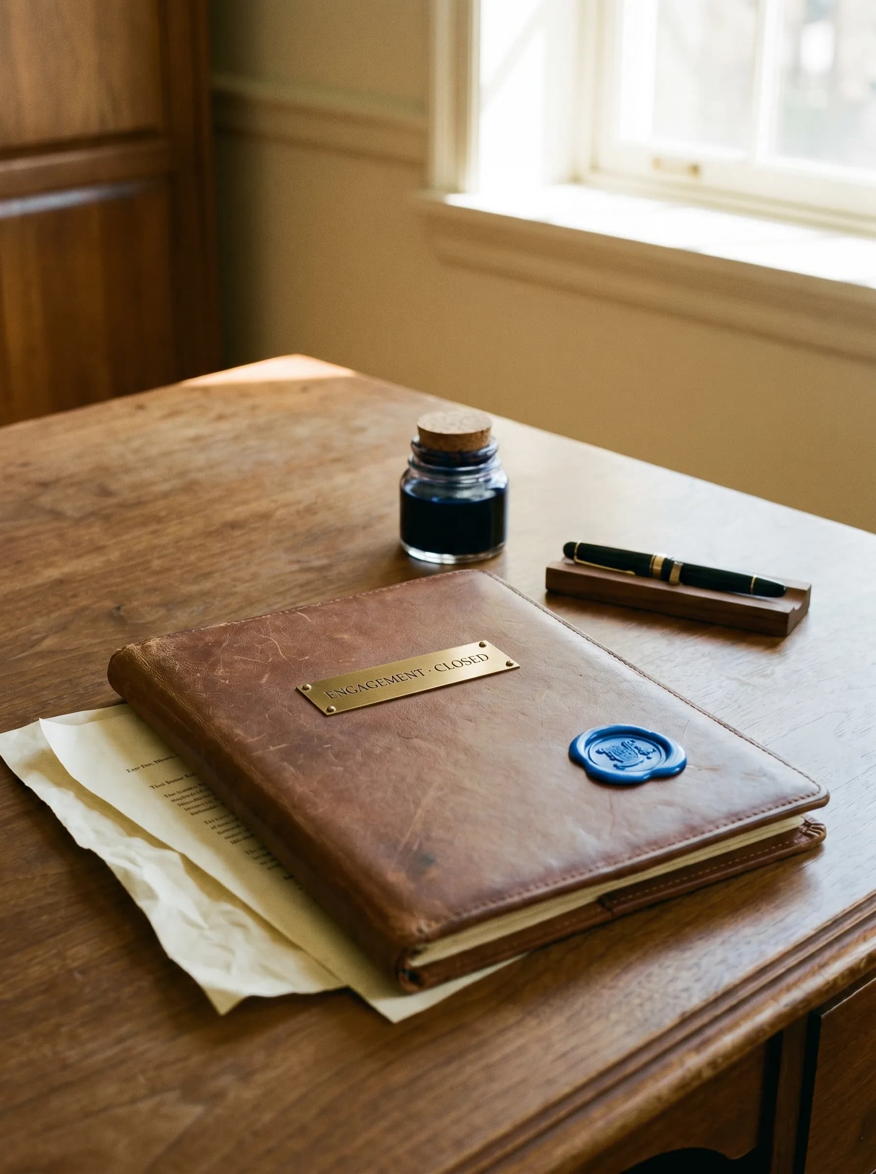 Un portefeuille en cuir marron patiné sur un bureau en noyer près d'une fenêtre, monté avec une petite plaque en laiton portant 'ENGAGEMENT · CLOSED', un document crème scellé à la cire dépassant dessous, un encrier en verre et un stylo plume sur un repose-plume à côté.