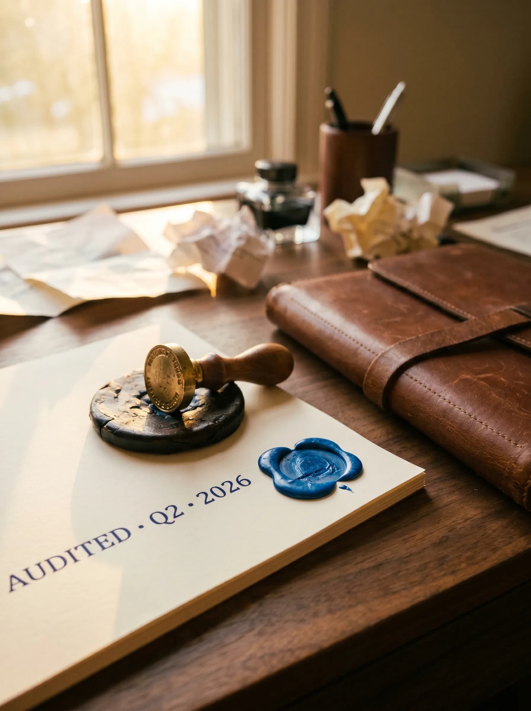 Un certificat crème marqué 'AUDITED · Q2 · 2026' à l'encre navy, fraîchement tamponné d'un sceau de cire bleue pressé par un tampon à manche en laiton, un classeur en cuir marron ouvert à côté, douce lumière de fenêtre captant le bord du bureau.