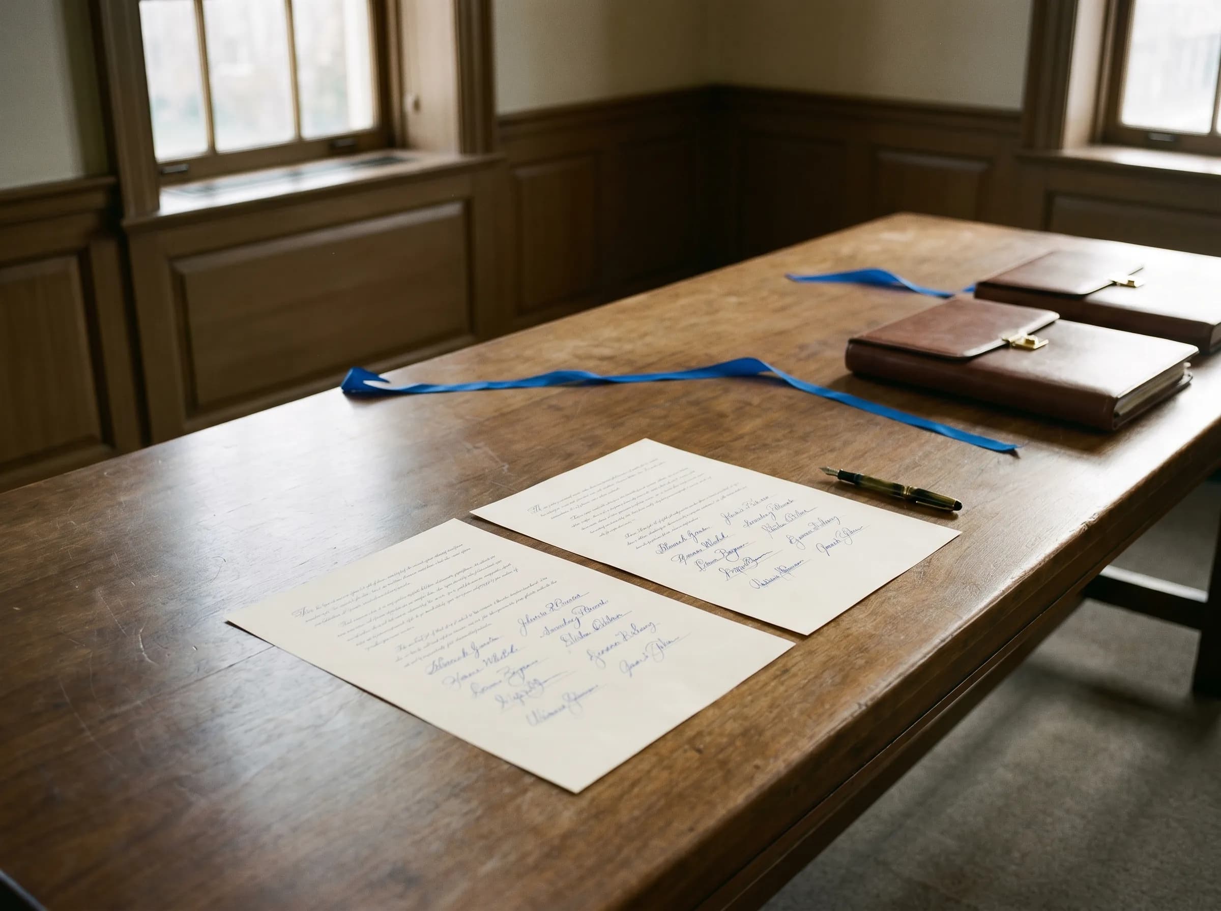 Une salle de signature silencieuse aux lambris de bois — deux contrats contresignés en papier crème ouverts sur une longue table en noyer, un stylo plume reposant à côté, un ruban de soie bleu électrique traînant sur la surface, deux portefeuilles en cuir marron empilés à l'extrémité.