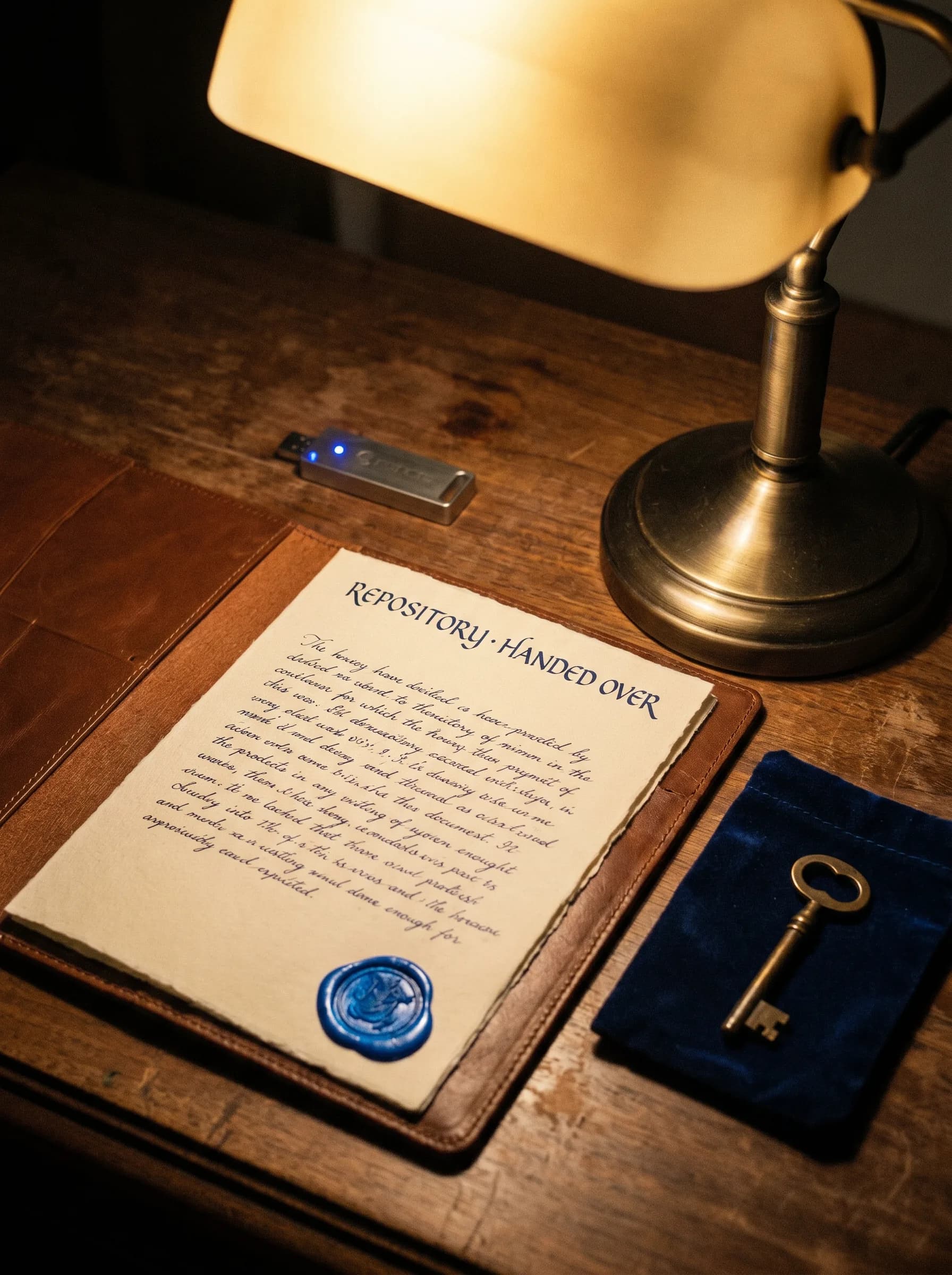 Une lettre manuscrite sur papier crème intitulée 'REPOSITORY · HANDED OVER' posée sur un portefeuille en cuir, avec une petite clé USB affichant une seule LED bleue sur le bureau au-dessus et une clé en laiton sur une pochette en velours navy à côté, éclairée par une lampe de banquier en laiton.