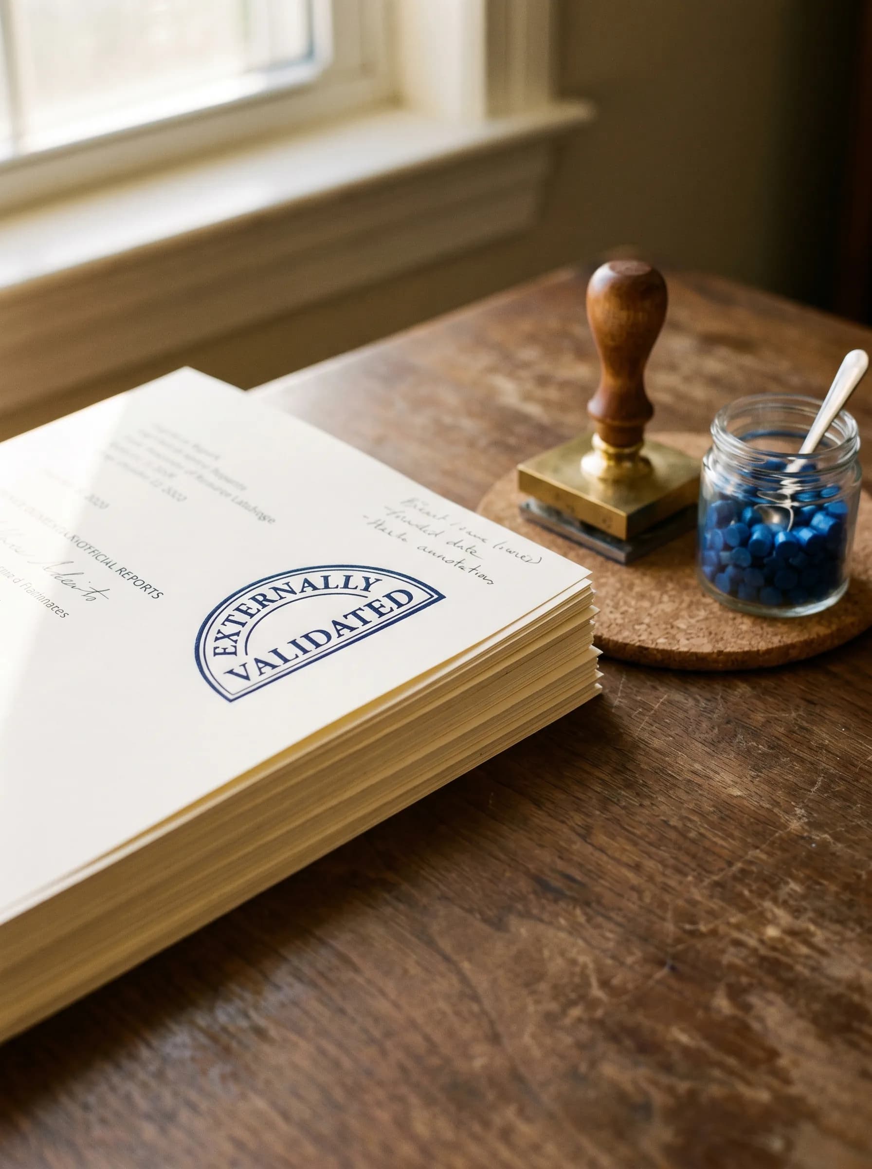 Une pile soignée de rapports officiels en papier crème, chacun marqué d'un cachet circulaire navy 'EXTERNALLY VALIDATED', à côté d'un cachet à manche en laiton sur un bureau, un bocal de billes de cire bleue captant la lumière du matin.