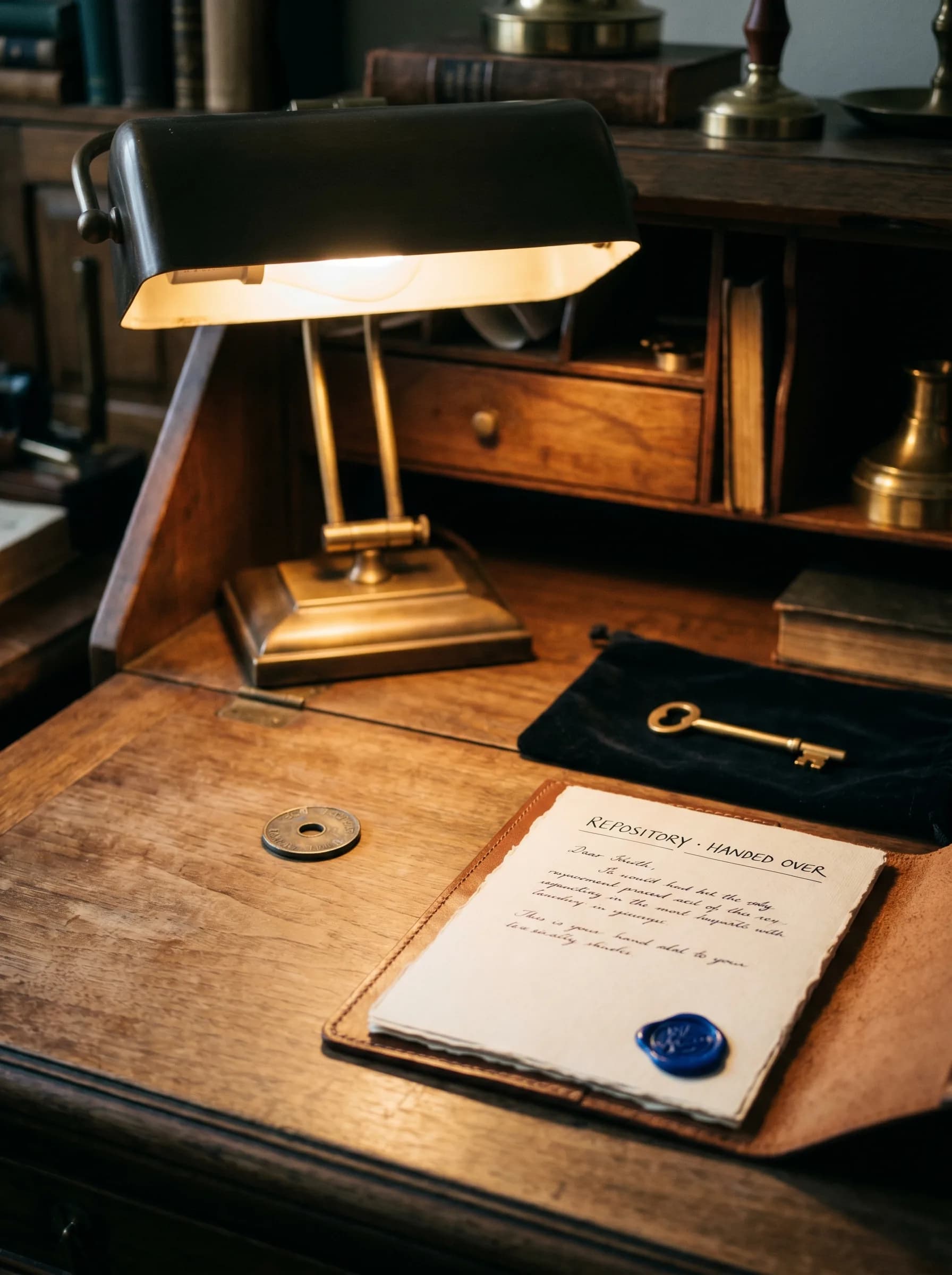 Un bureau d'écriture ancien éclairé par une lampe de banquier en laiton — portefeuille en cuir ouvert contenant une lettre manuscrite 'REPOSITORY · HANDED OVER' scellée à la cire bleue, une clé en laiton sur du velours navy, une seule pièce en laiton à côté.