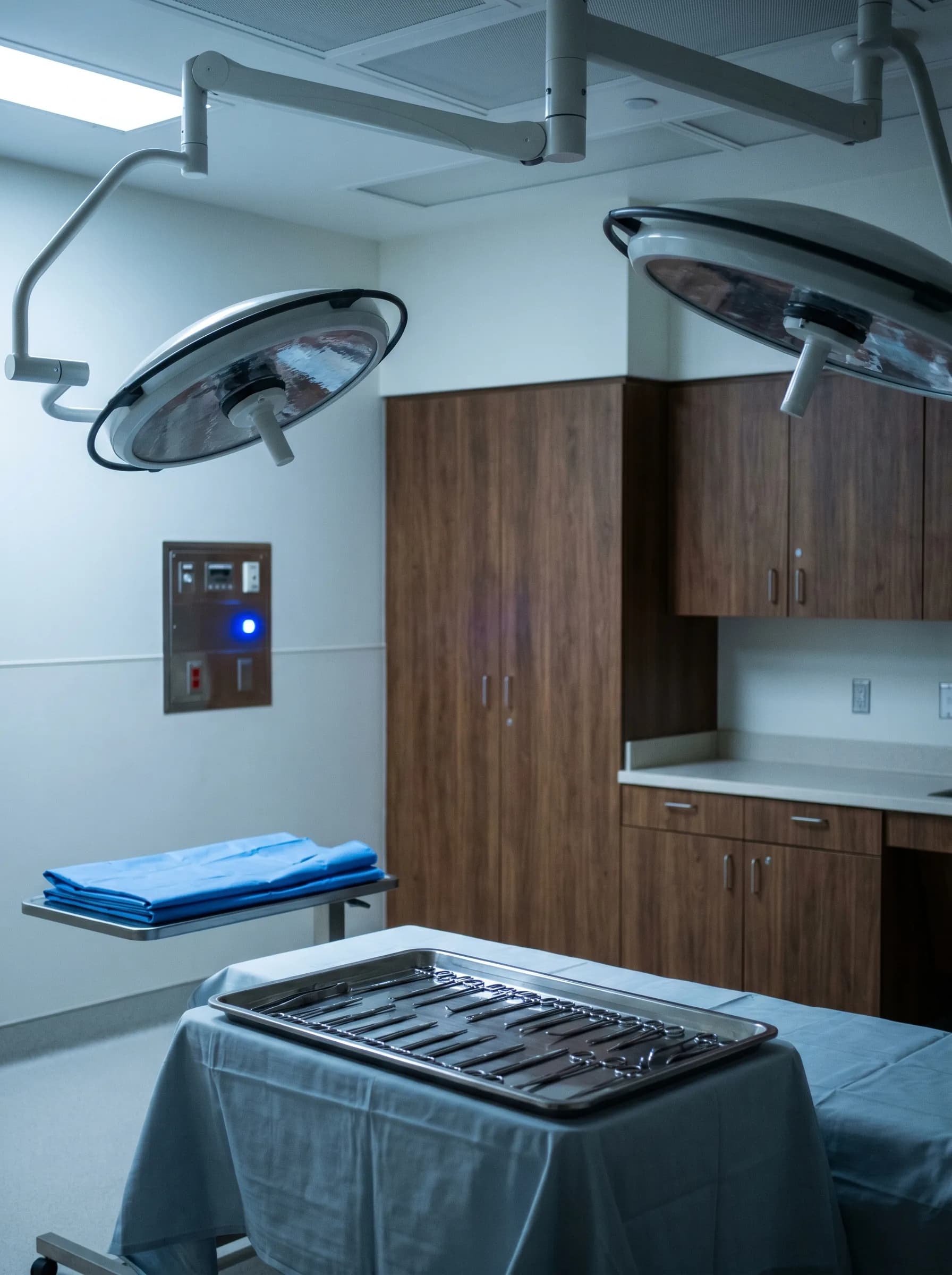 Bloc opératoire impeccablement propre au début d'une garde — lampes opératoires en suspension, plateaux inox, prêt.