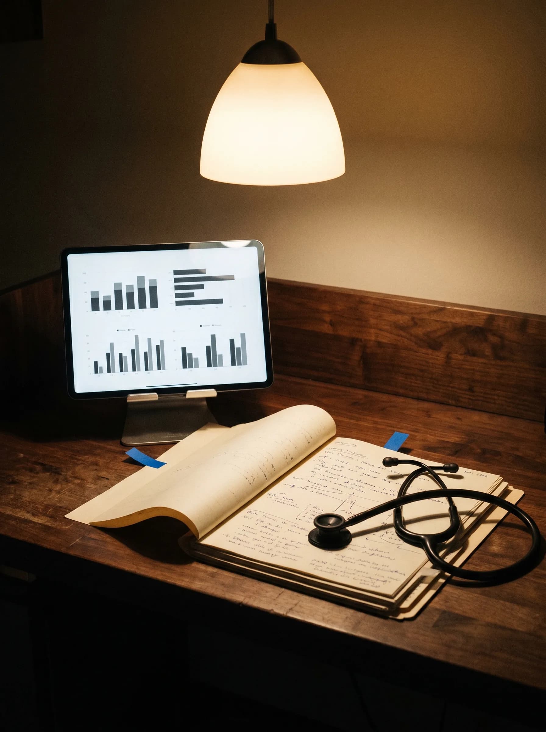 Tablette d'un clinicien sur un bureau en noyer sous une lampe chaleureuse, affichant un tableau de bord de données abstraites à côté de notes manuscrites et d'un stéthoscope.