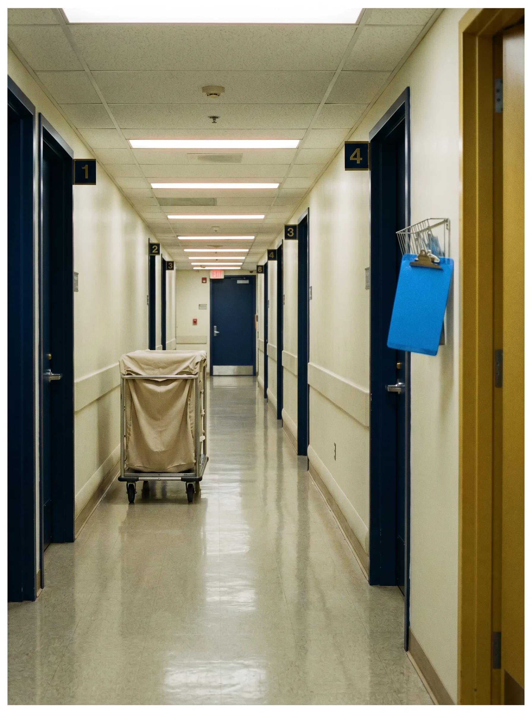 Long couloir de service de soins intensifs avec des portes numérotées en perspective, une seule planchette bleu électrique suspendue à la porte numéro quatre.