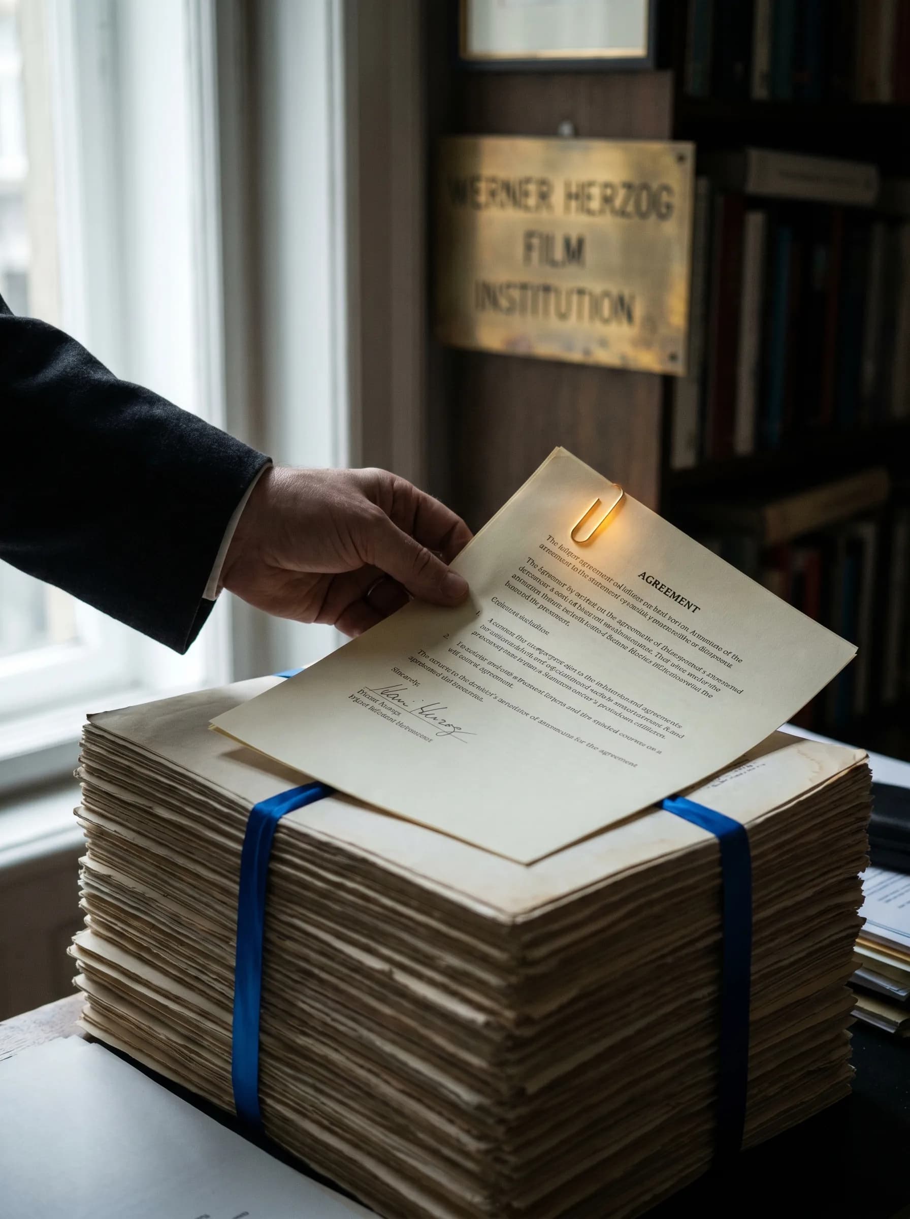 A hand placing a signed grant agreement on a tall stack, gold paperclip catching light.
