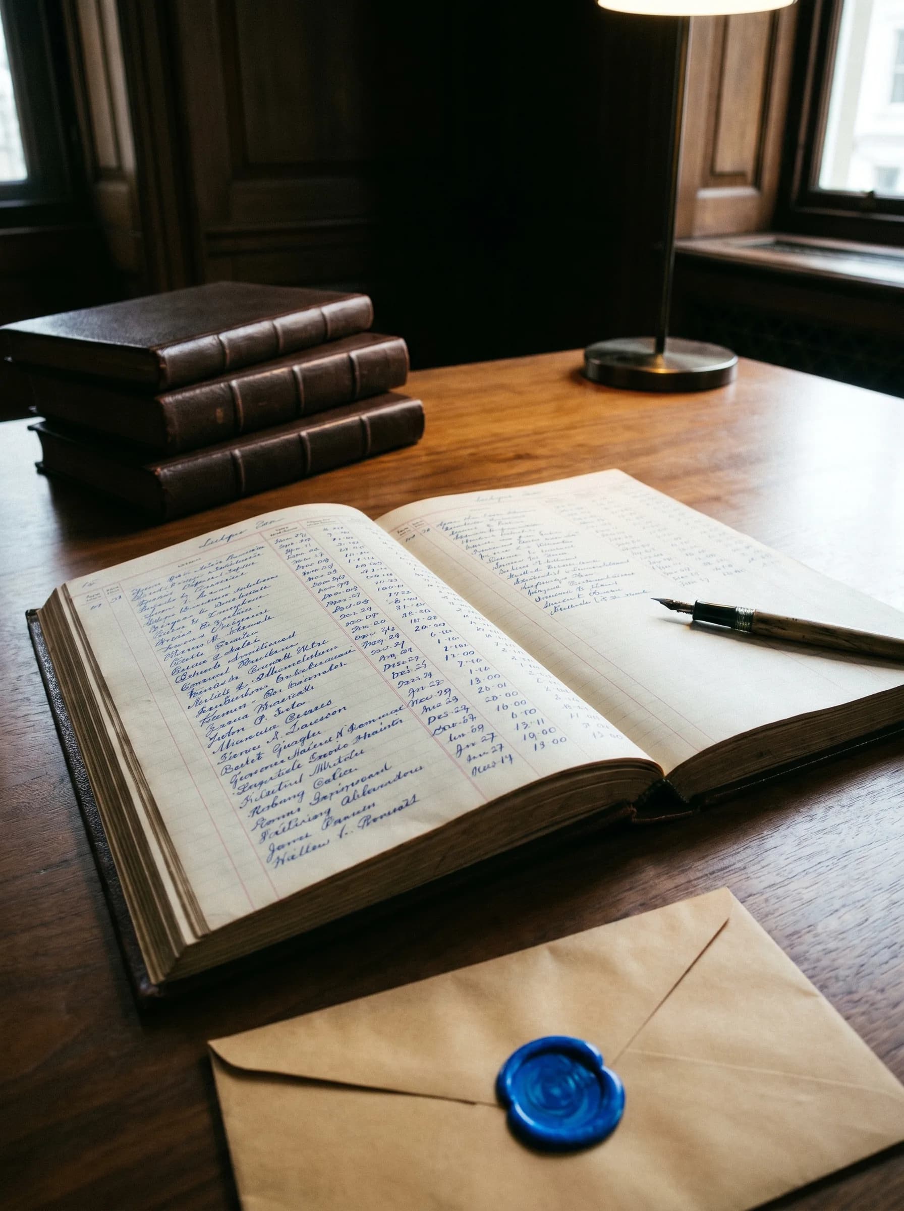 A leather-bound member ledger open beside a stack of identical volumes and a blue wax-sealed envelope.