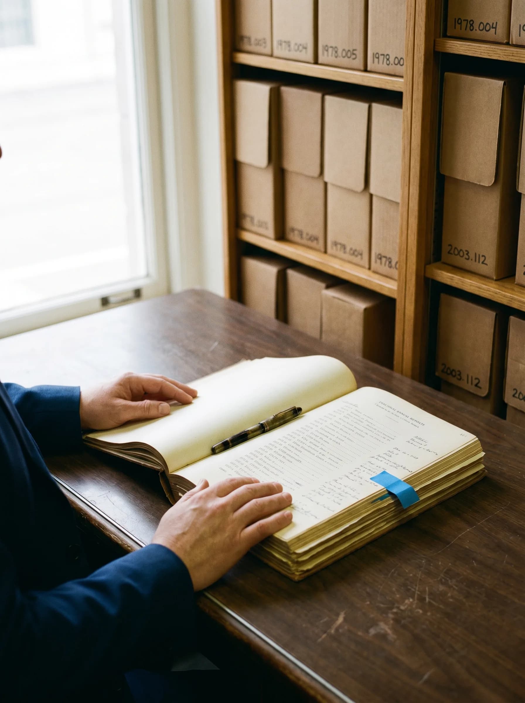 Hands at an institutional desk reviewing a bound annual report, archive boxes labelled 1978.004 behind.