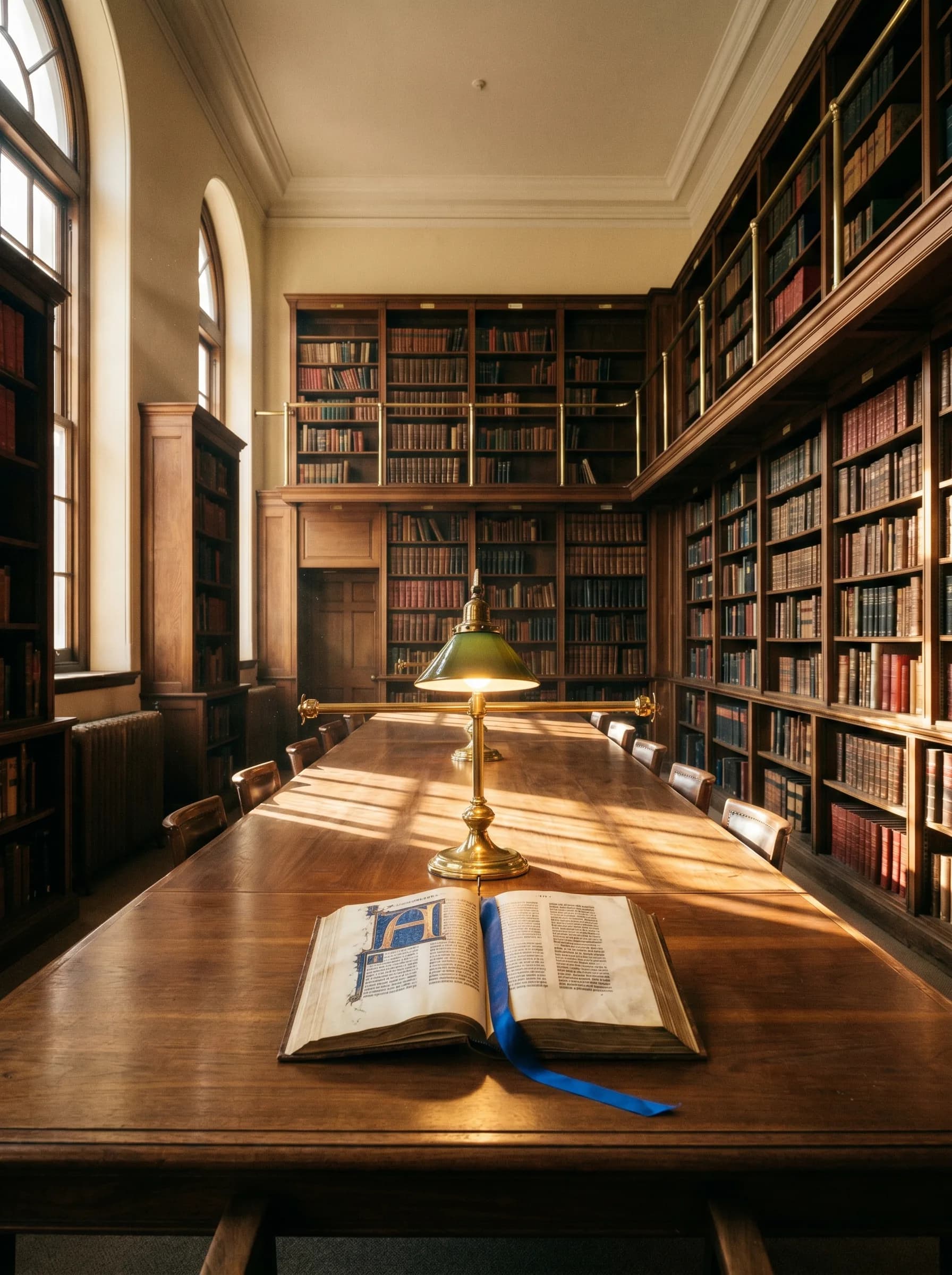 A quiet institutional library reading room — long walnut table, single brass desk lamp lit, an open illuminated manuscript with an electric-blue silk ribbon marking the page, tall windows with morning light, walls of bound volumes.
