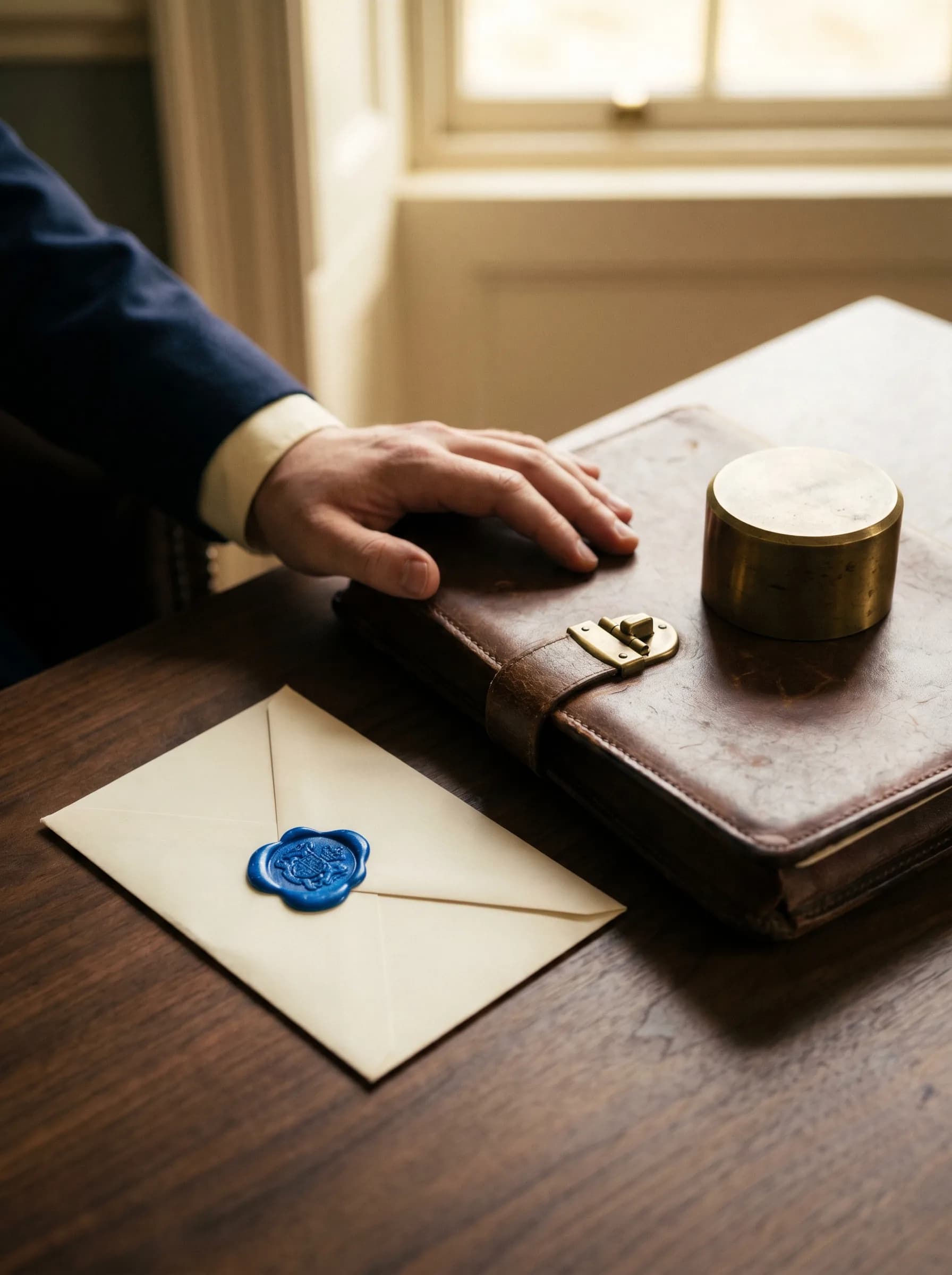 A hand resting on a brown leather portfolio on a walnut desk by a window — a cream envelope sealed with electric-blue wax laid beside it, a brass cylinder paperweight pinning a corner of paper, soft natural light.