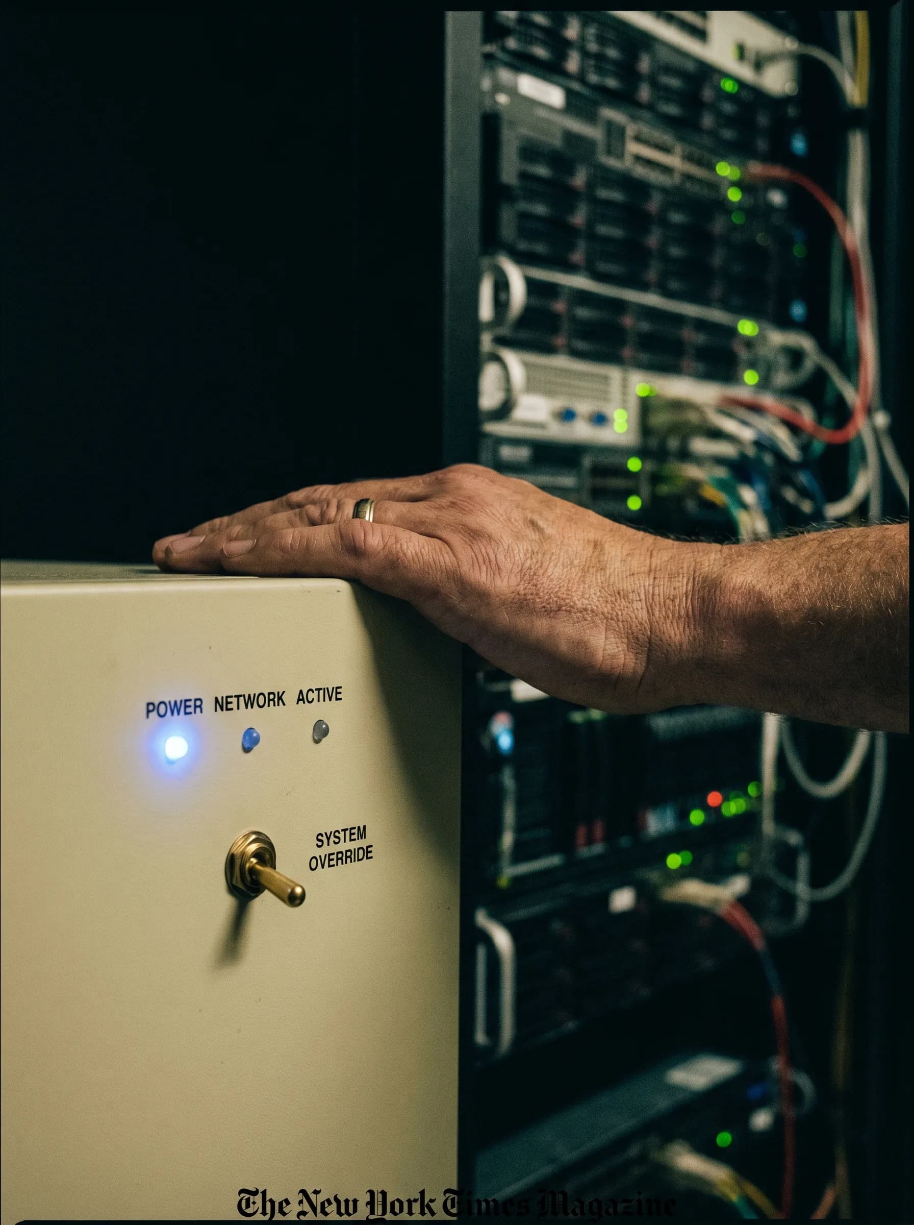Un primer plano de un panel de control con un LED POWER azul eléctrico suave brillando en un panel de rack beige, hardware de servidor detrás.