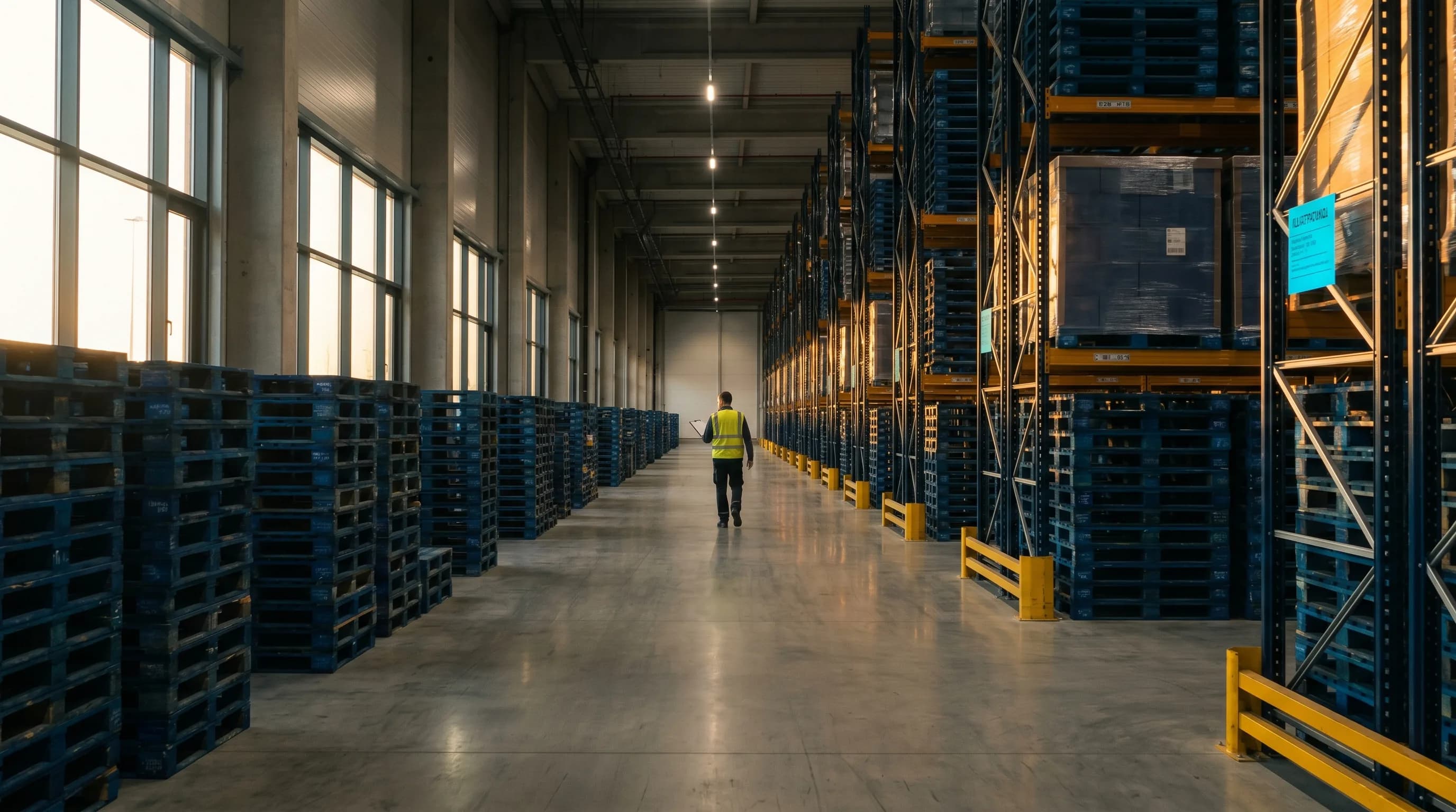 Largos pasillos convergentes de un almacén institucional de distribución a la hora dorada, operador solitario recorriendo la planta.
