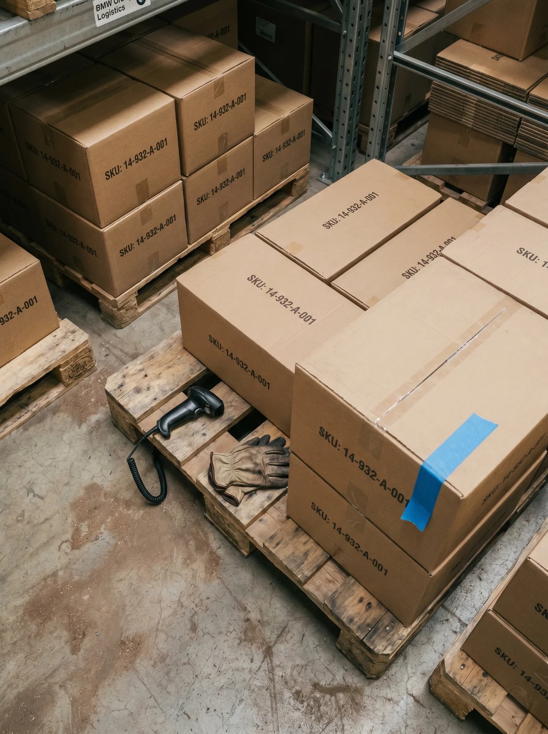 Vista cenital de palés de almacén, cajas de cartón pulcramente apiladas estampadas con códigos SKU en monoespaciado, escáner y guantes en el borde del palé.