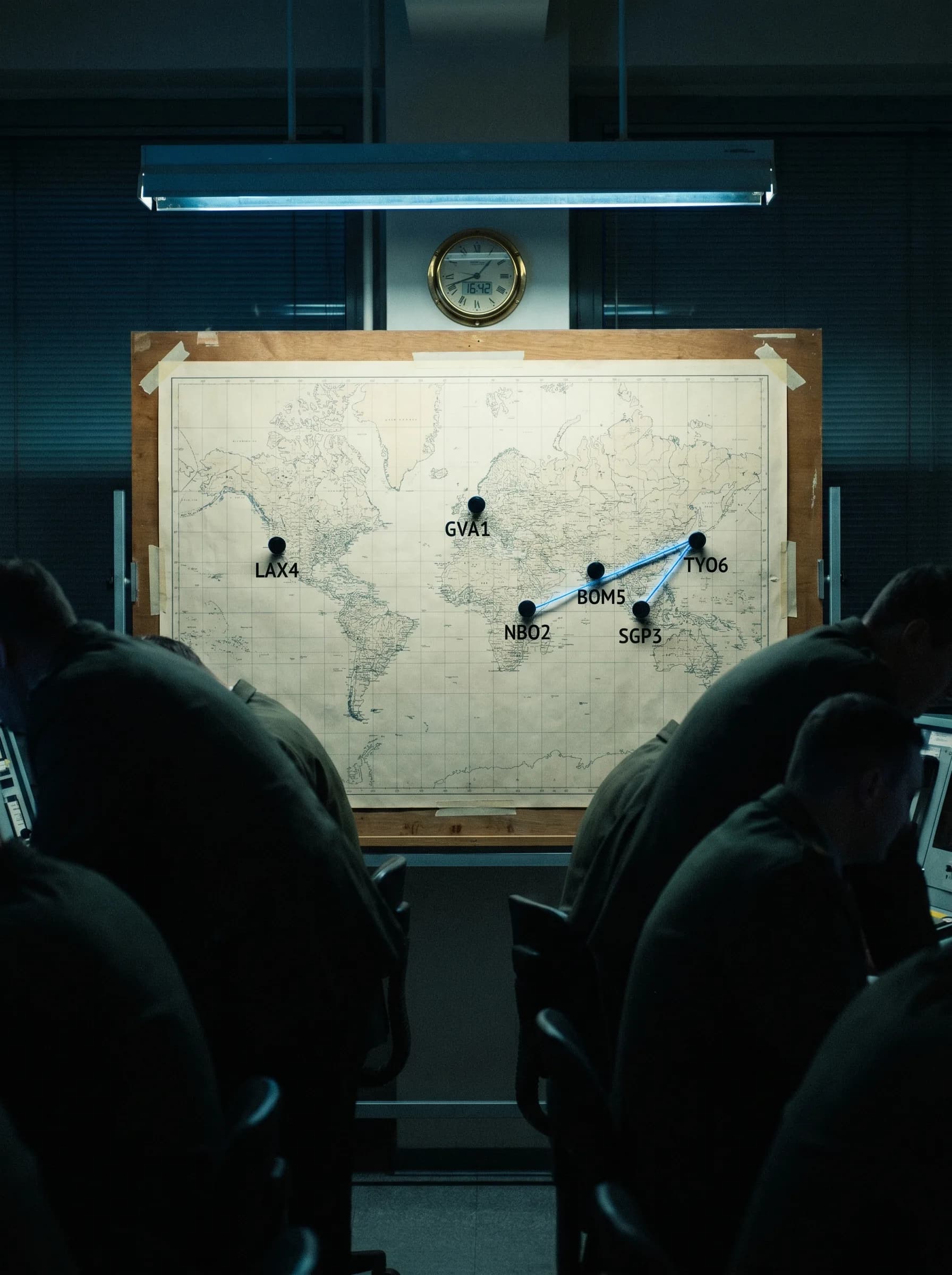 Un mapa mural de sala de operaciones con chinchetas de sitios LAX4, GVA1, NBO2, BOM5, SGP3, TYO6 conectadas por hilos azul eléctrico.