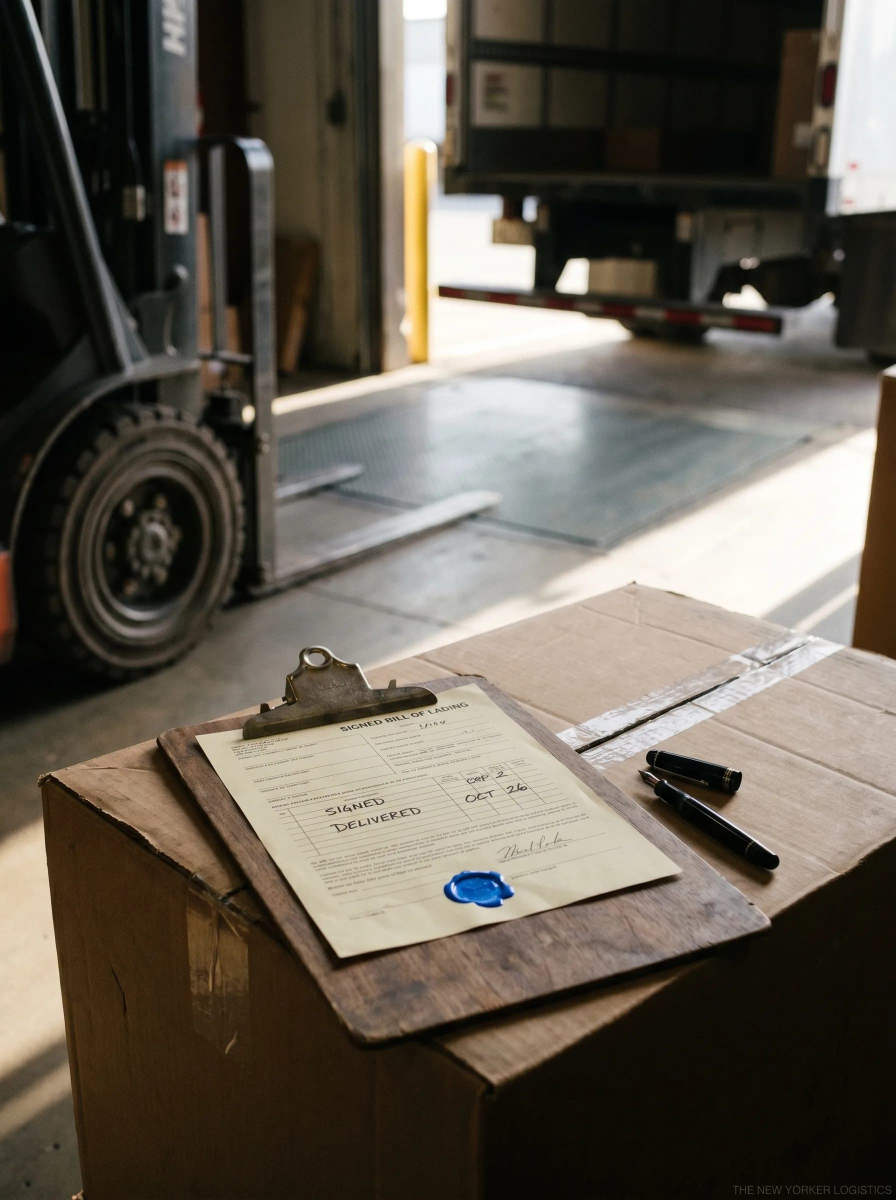 Un albarán firmado en una tablilla de madera sobre una caja de envío sellada con cera azul, carretilla elevadora y camión de reparto en fondo suave.